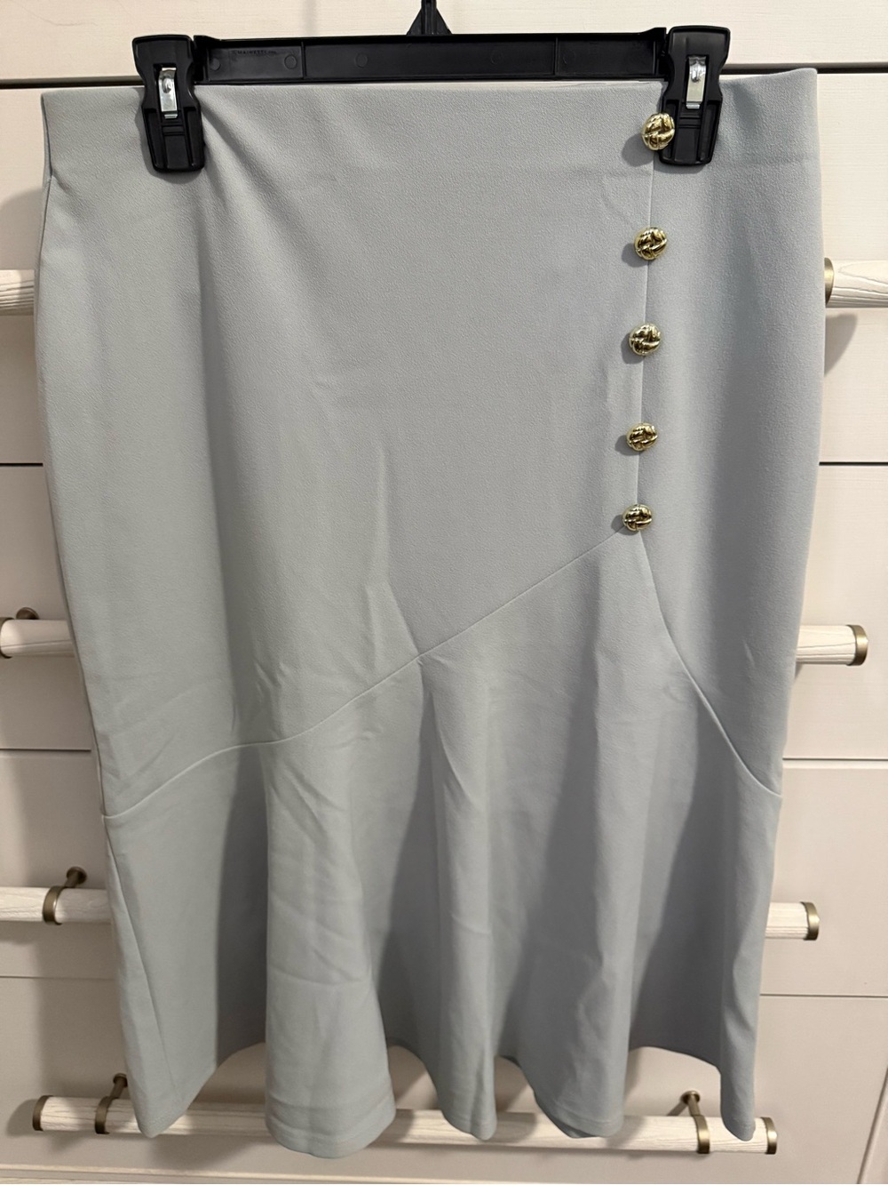 Elegant Light Gray Midi Skirt with Gold Button Detail